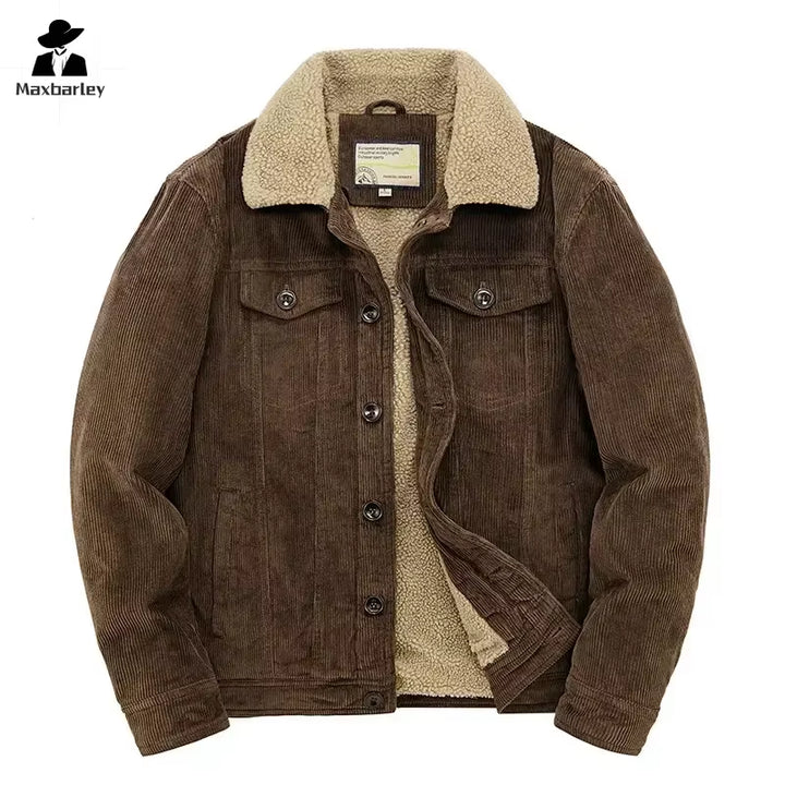 Men's Padded Cotton Parka Coat - Corduroy Short Jacket with Fleece Lining and Zip Closure for Winter Wear