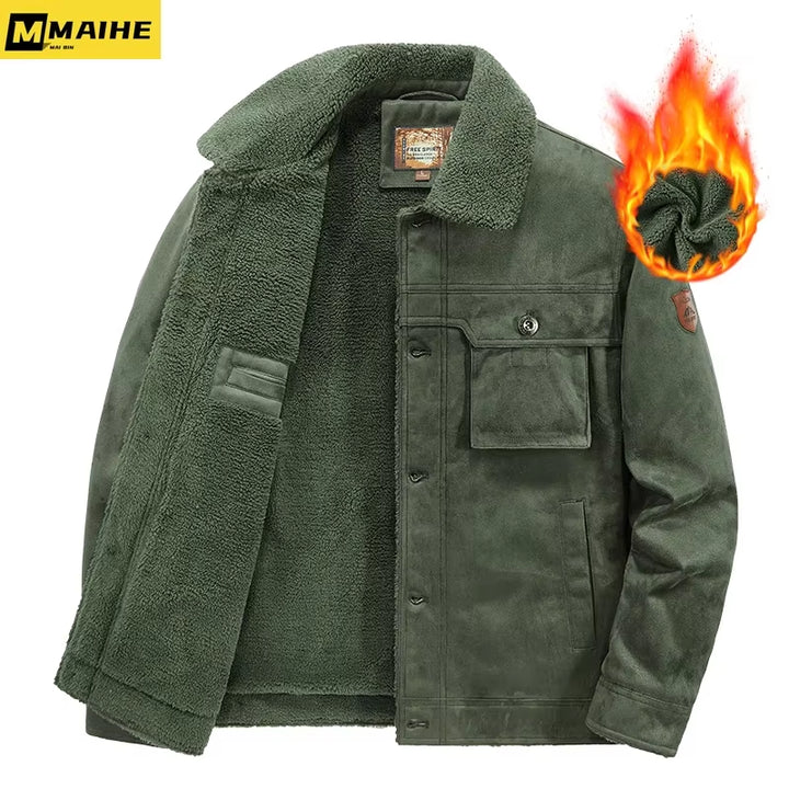 Men's Vintage Thickened Fleece-Lined Motorcycle Jacket with Fur Collar - Windproof Winter Parka