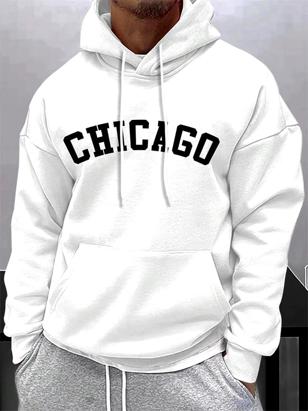 Chicago Street Lettering Hoodies for Men - Thermal Fleece Pullovers with Pocket and Drawstring, Casual Autumn Sweatshirts