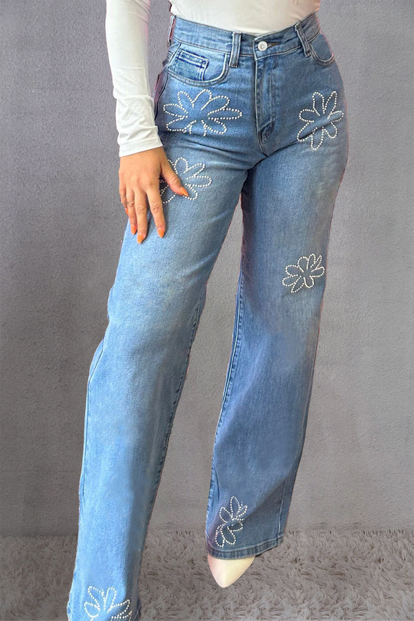 Flower Rhinestone Straight Jeans with Pockets