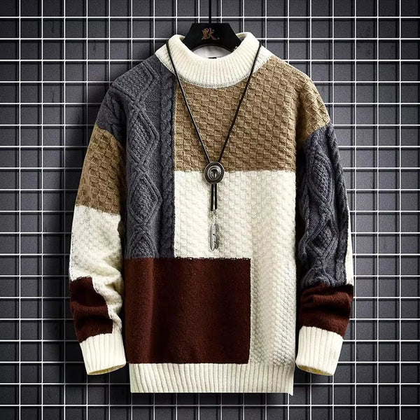 Fashion Mens Warm Knitted Sweaters Patchwork O Neck Knit Pullovers Autumn Winter Korean Streetwear Pullover Casual Mens Clothing