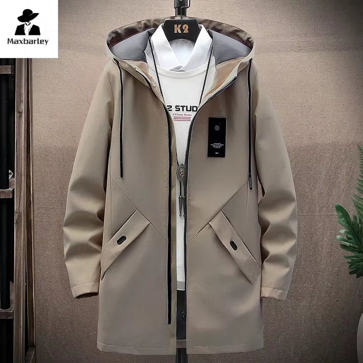 Men's Casual Long Hooded Windbreaker Jacket - Spring Autumn Streetwear 2024