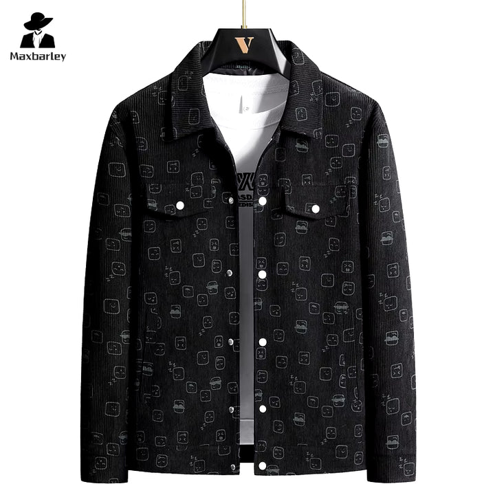 Men's Harajuku Corduroy Jacket 2024 - High-Quality Slim-Fit Printed Windproof Coat with Pockets for Autumn Fashion