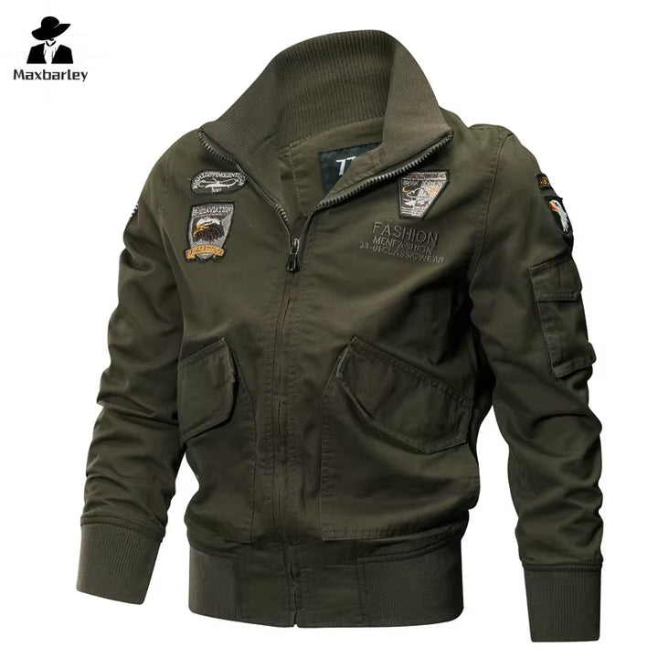 Climbing Work Jacket Men'S Autumn Vintage Khaki Embroidered MA1 Flying Cargo Jacket Field Loose Cargo Coat Jaqueta Masculina