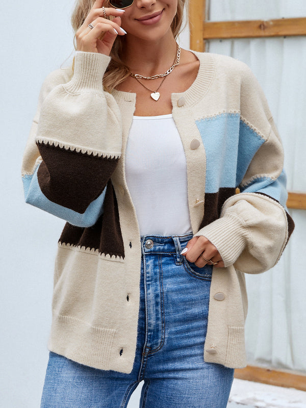 Elegant Color Block Button Up Lantern Sleeve Cardigan