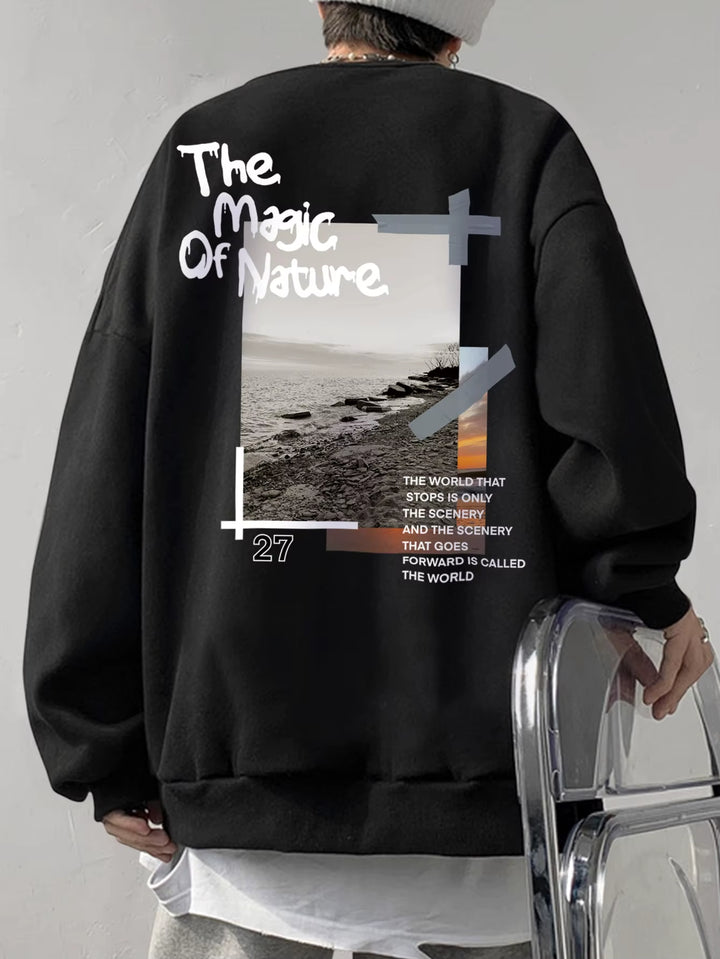 Nature-Inspired Sea Wave Print Pullover for Men - Hip Hop Casual Oversized Sportswear