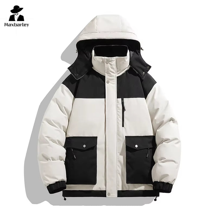 Men's and Women's Winter Black Gold Warm Jacket with Detachable Hood, Thickened Parka, Casual Splicing Style, Windproof, Multi-Pocket Design for Skiing