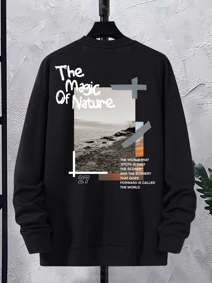 Nature-Inspired Sea Wave Print Pullover for Men - Hip Hop Casual Oversized Sportswear