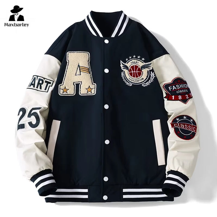 Campus Baseball Jacket Men'S Autumn Hip-Hop Harajuku Stitching Letter Embroidered Motorcycle Jacket Loose Couple Windproof Coat