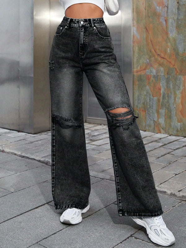 Wide Leg Distressed Jeans with Pockets