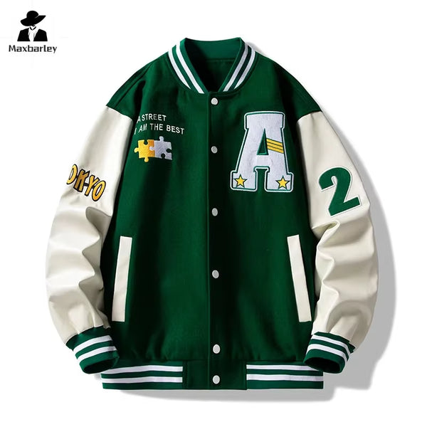 Autumn Unisex Baseball Jacket with Letter Patchwork and Leather Windproof Design - Fashionable Single Breasted Coat