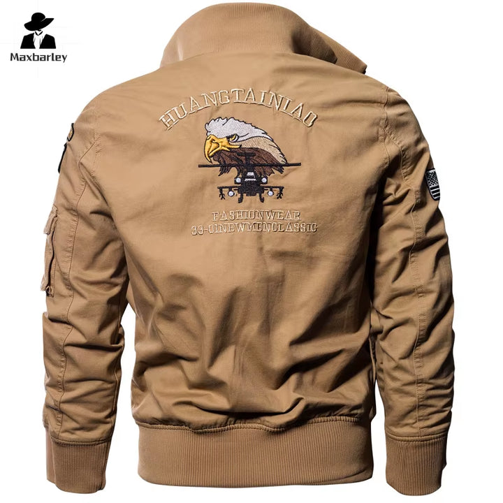 Climbing Work Jacket Men'S Autumn Vintage Khaki Embroidered MA1 Flying Cargo Jacket Field Loose Cargo Coat Jaqueta Masculina