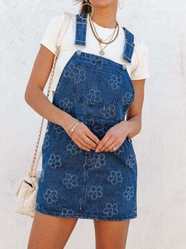 Denim Flower Overall Dress with Pockets