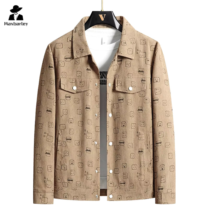 Men's Harajuku Corduroy Jacket 2024 - High-Quality Slim-Fit Printed Windproof Coat with Pockets for Autumn Fashion