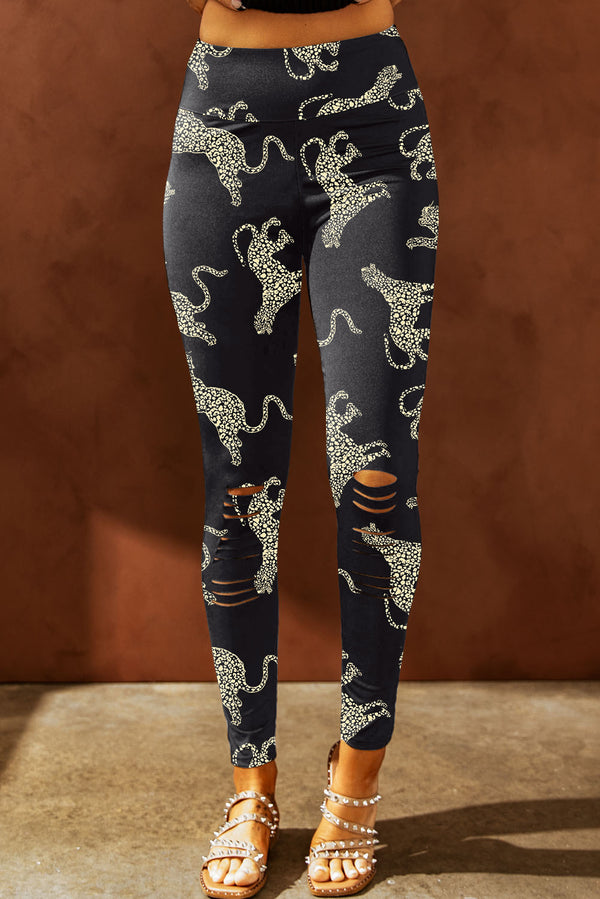 Animal Print Distressed High Waist Leggings