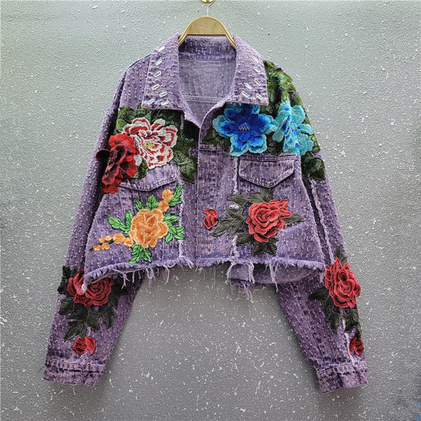 Flower Embroidered Casual Denim Jacket