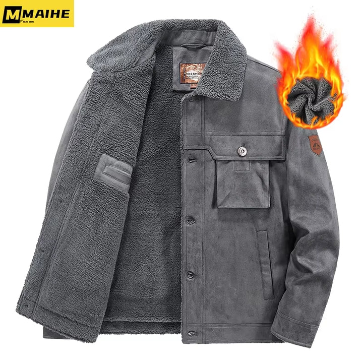 Men's Vintage Thickened Fleece-Lined Motorcycle Jacket with Fur Collar - Windproof Winter Parka