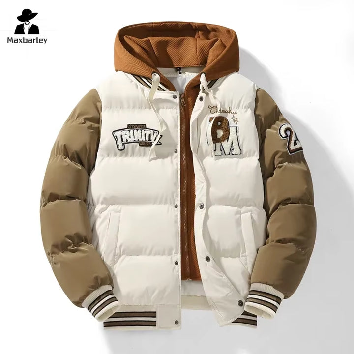 2024 Winter Hooded Jacket Men'S Trendy Casual Detachable Fake 2 Piece Parka Unisex Harajuku Student Thick Warm down Cotton Coat