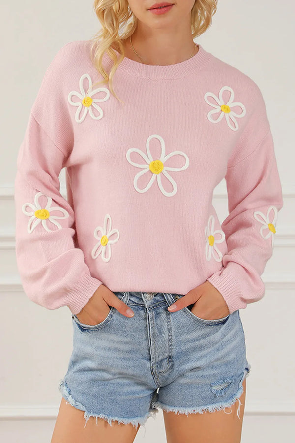 "Pretty In Pink" Round Neck Dropped Shoulder Sweater