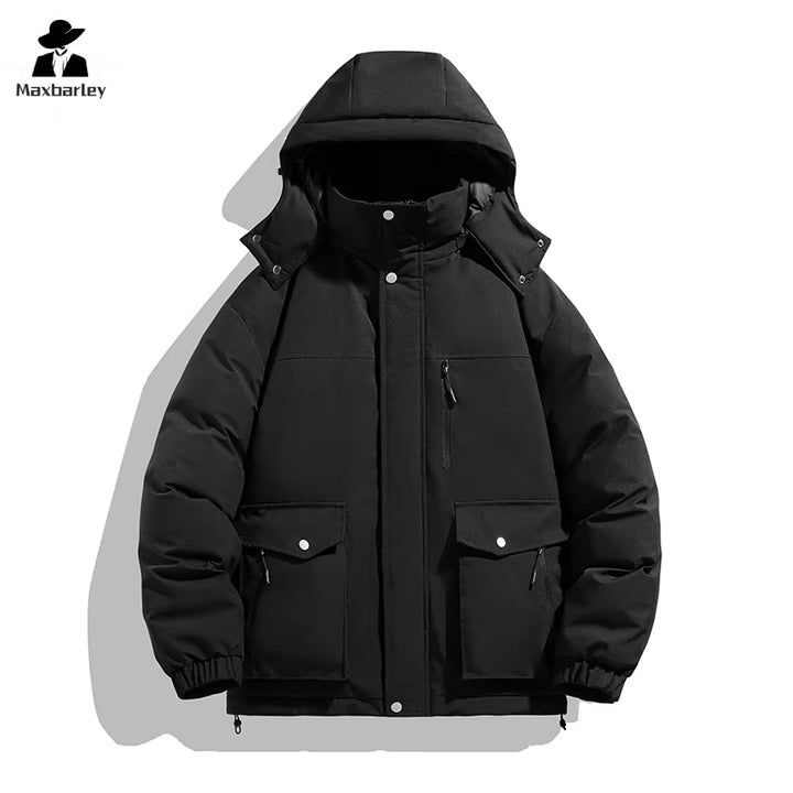 Men's and Women's Winter Black Gold Warm Jacket with Detachable Hood, Thickened Parka, Casual Splicing Style, Windproof, Multi-Pocket Design for Skiing