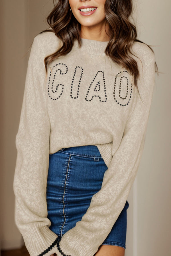 "CIAO" Round Neck Dropped Shoulder Sweater