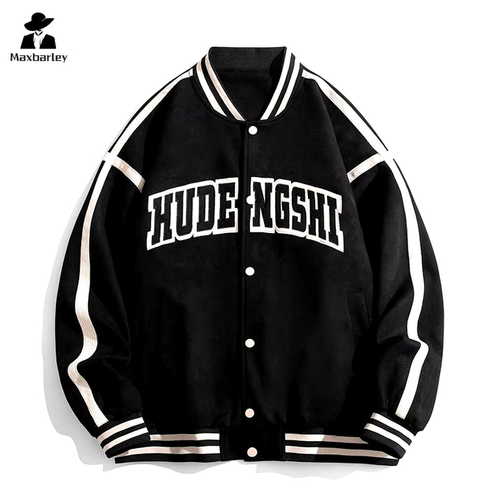 Vintage Suede Baseball Jacket for Men and Women - Autumn College Style with Embroidered Alphabet, High Street Loose Fit for Couples