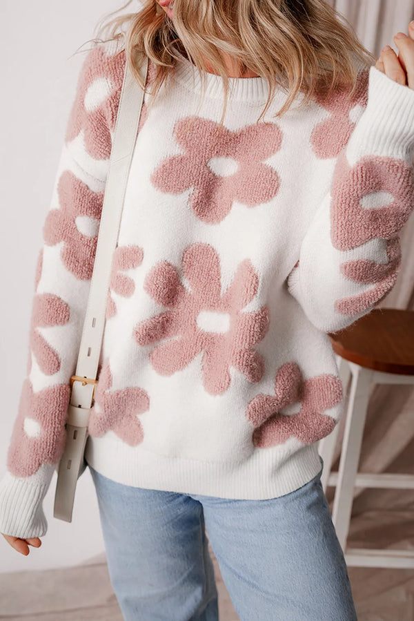 "Blossom Flower" Round Neck Long Sleeve Knit Top