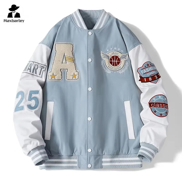 Campus Baseball Jacket Men'S Autumn Hip-Hop Harajuku Stitching Letter Embroidered Motorcycle Jacket Loose Couple Windproof Coat