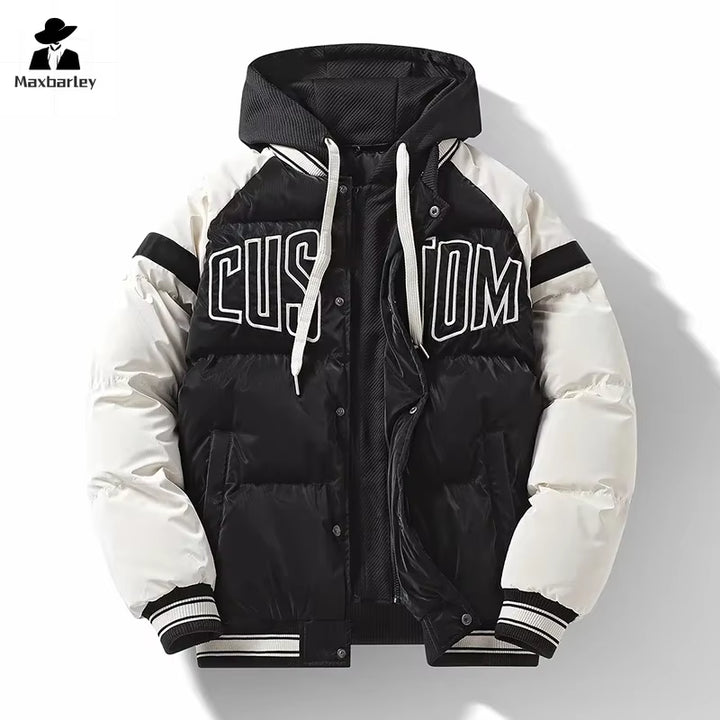 2024 Winter Hooded Jacket Men'S Trendy Casual Detachable Fake 2 Piece Parka Unisex Harajuku Student Thick Warm down Cotton Coat