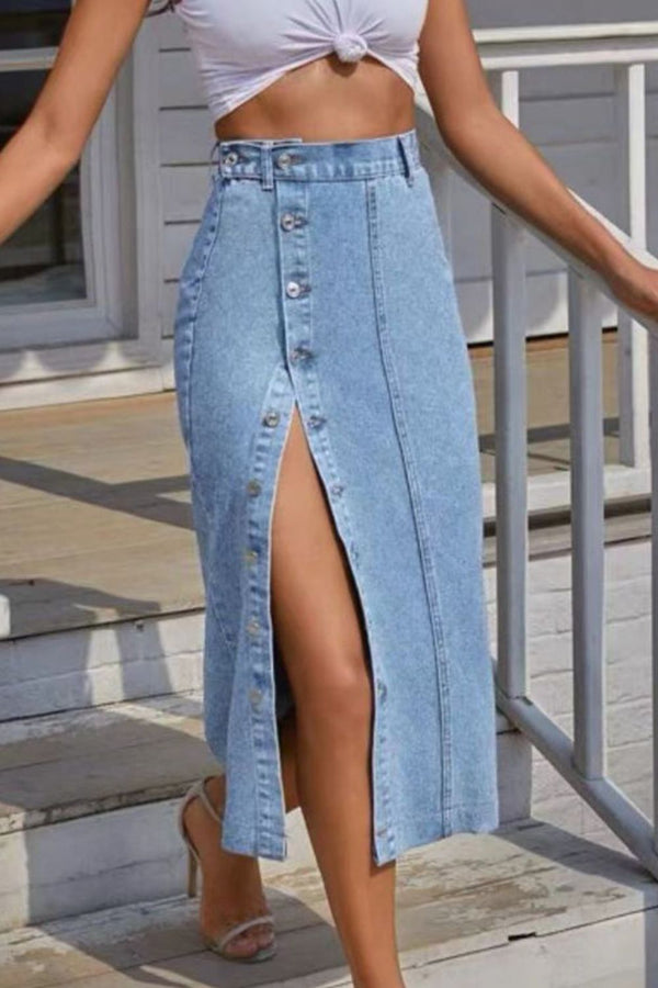 Chic Buttoned Split Denim Skirt