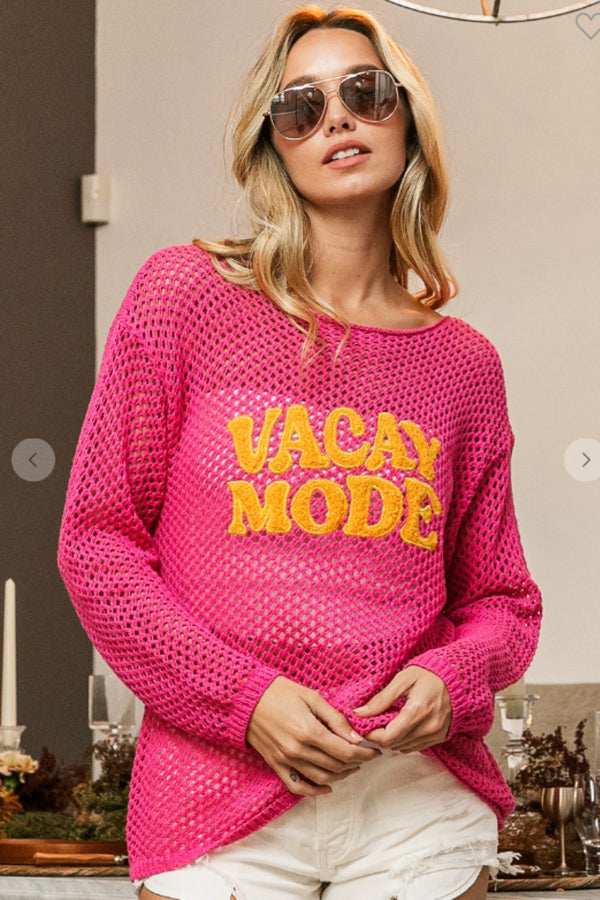 "VACAY MODE" Embroidered Knit Cover Up Top