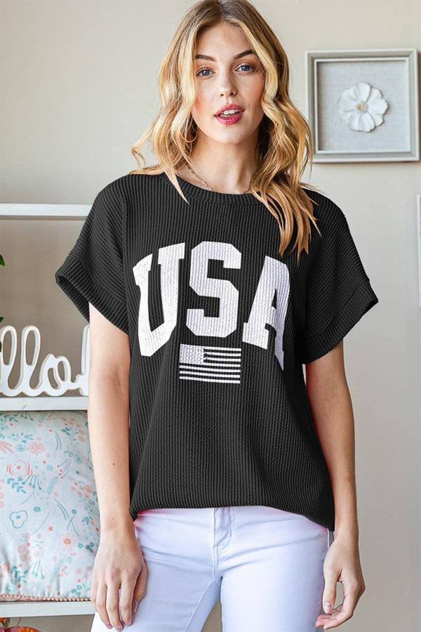 "USA" Graphic Short Sleeve Ribbed Top