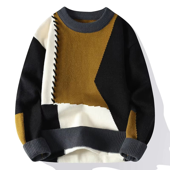 Fashion Mens Warm Knitted Sweaters Patchwork O Neck Knit Pullovers Autumn Winter Korean Streetwear Pullover Casual Mens Clothing