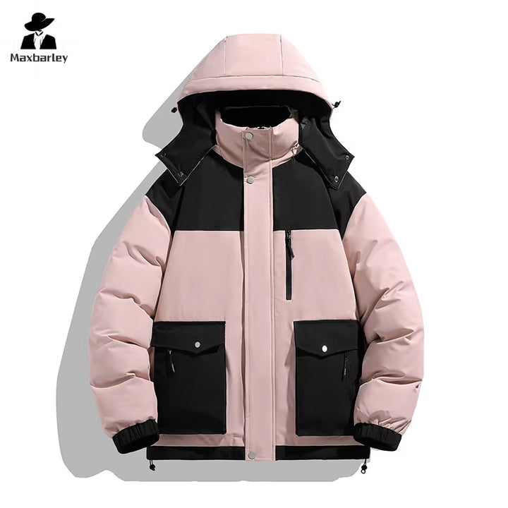 Men's and Women's Winter Black Gold Warm Jacket with Detachable Hood, Thickened Parka, Casual Splicing Style, Windproof, Multi-Pocket Design for Skiing