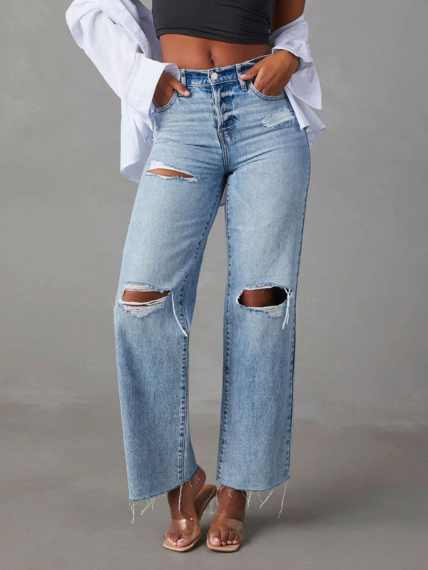 Straight Leg Distressed Jeans with Pockets