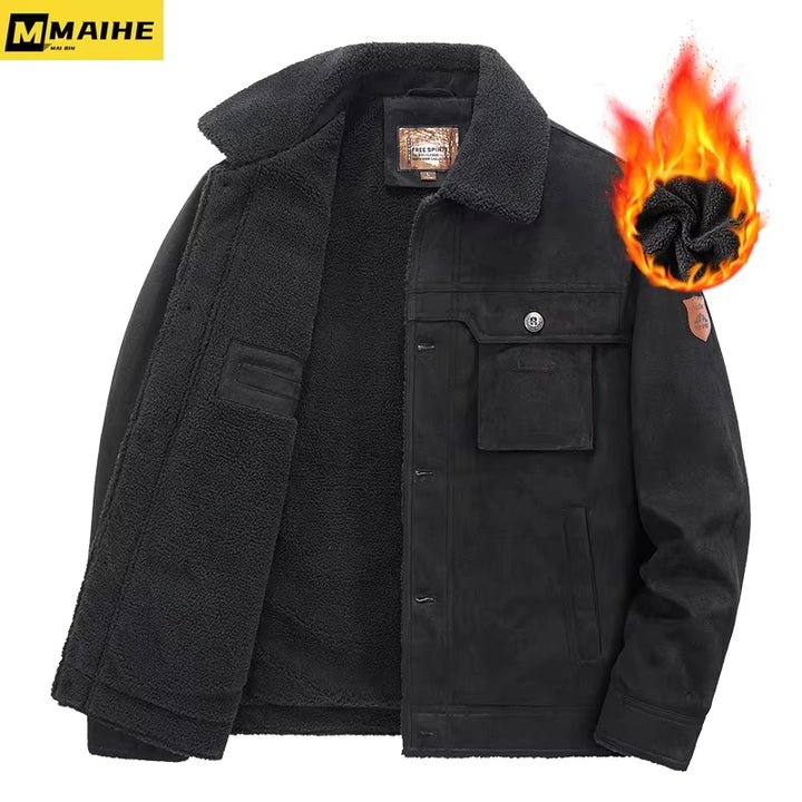 Men's Vintage Thickened Fleece-Lined Motorcycle Jacket with Fur Collar - Windproof Winter Parka