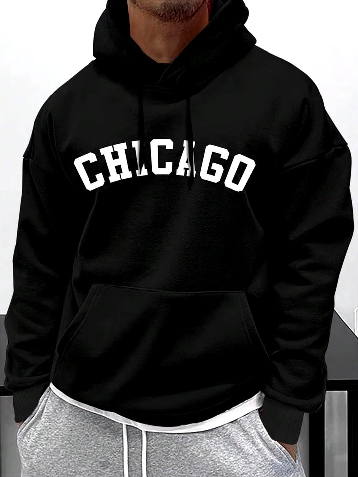 Chicago Street Lettering Hoodies for Men - Thermal Fleece Pullovers with Pocket and Drawstring, Casual Autumn Sweatshirts