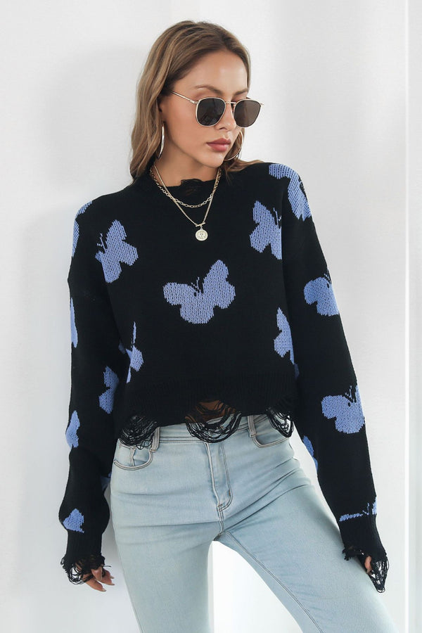 Butterfly Print Round Neck Ribbed Sweater