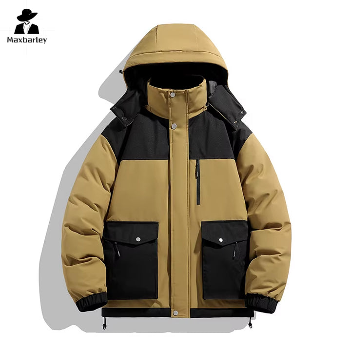 Men's and Women's Winter Black Gold Warm Jacket with Detachable Hood, Thickened Parka, Casual Splicing Style, Windproof, Multi-Pocket Design for Skiing