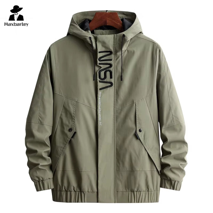 Men's Plus Size 8XL Cargo Jacket - Trendy Casual Hooded Coat with Embroidery for Spring and Autumn Fashion, Featuring Sports Pockets and Windbreaker Design