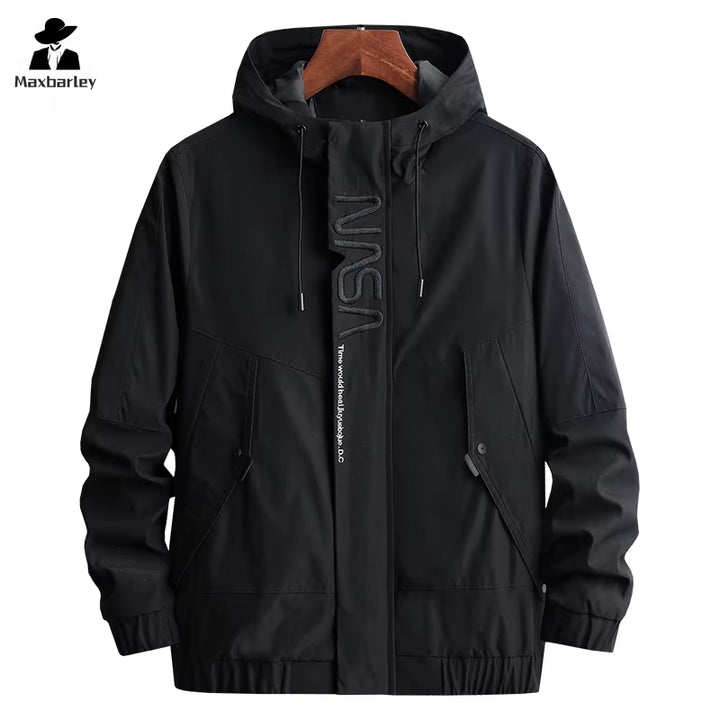 Men's Plus Size 8XL Cargo Jacket - Trendy Casual Hooded Coat with Embroidery for Spring and Autumn Fashion, Featuring Sports Pockets and Windbreaker Design