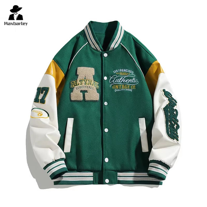 Men's Harajuku Street Style Embroidered Baseball Jacket - Spring Windproof Motorcycle Coat, Y2K Hip Hop Unisex College Fashion