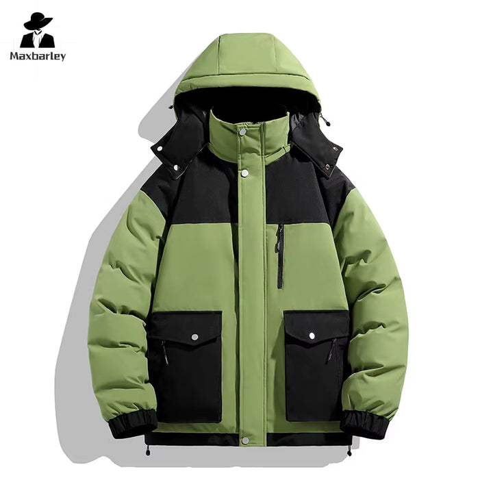 Men's and Women's Winter Black Gold Warm Jacket with Detachable Hood, Thickened Parka, Casual Splicing Style, Windproof, Multi-Pocket Design for Skiing