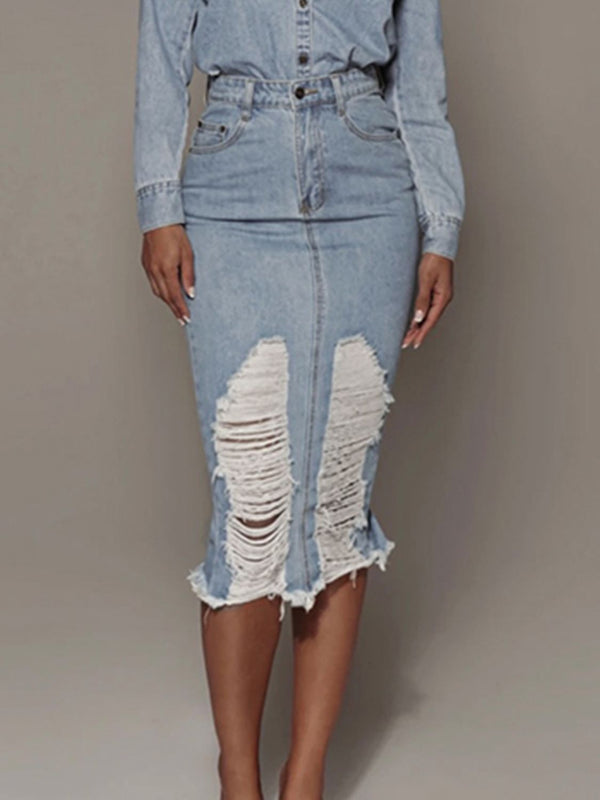 Distressed Back Slit Denim Skirt