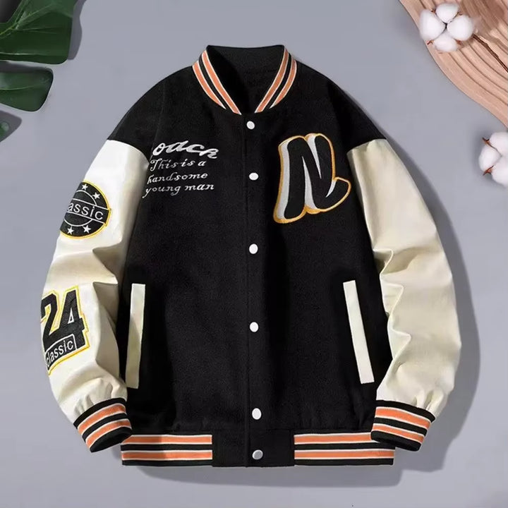 Men's Striped Letter Pattern Baseball Jacket with Stand Collar - Loose Fit Thick Long Sleeve Mid-Length Coat