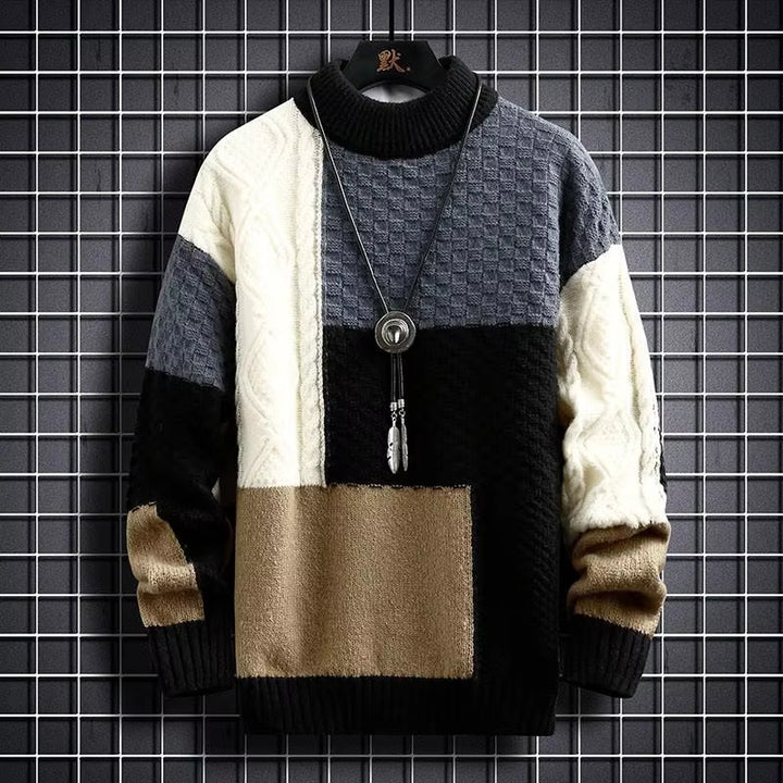 Fashion Mens Warm Knitted Sweaters Patchwork O Neck Knit Pullovers Autumn Winter Korean Streetwear Pullover Casual Mens Clothing