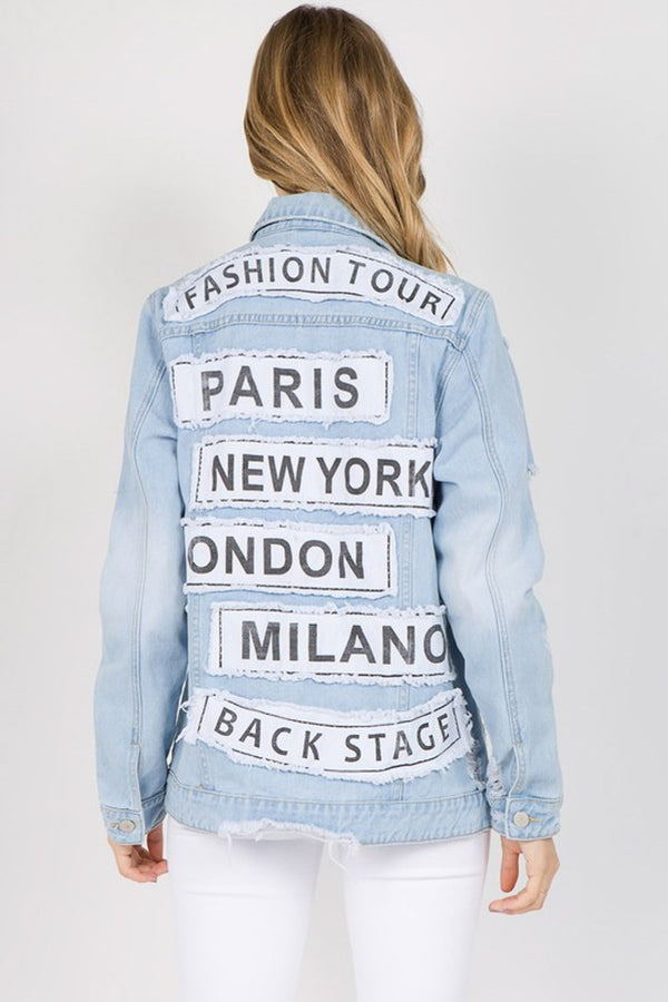 "Fashion Tour" Patched Distressed Denim Jacket