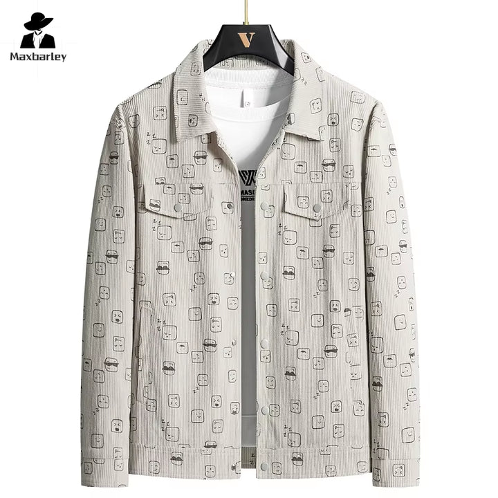 Men's Harajuku Corduroy Jacket 2024 - High-Quality Slim-Fit Printed Windproof Coat with Pockets for Autumn Fashion