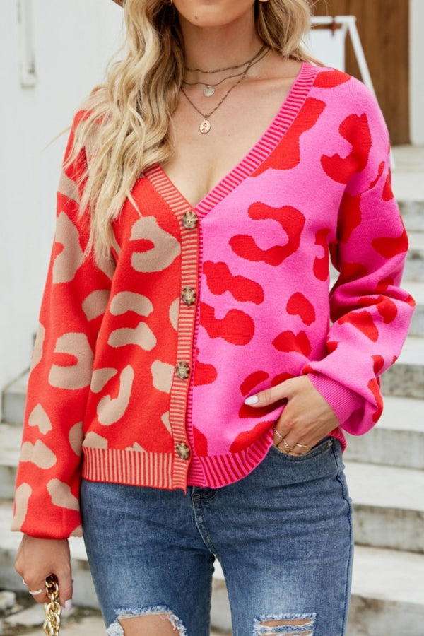 Chic Leopard Button Up Dropped Shoulder Cardigan